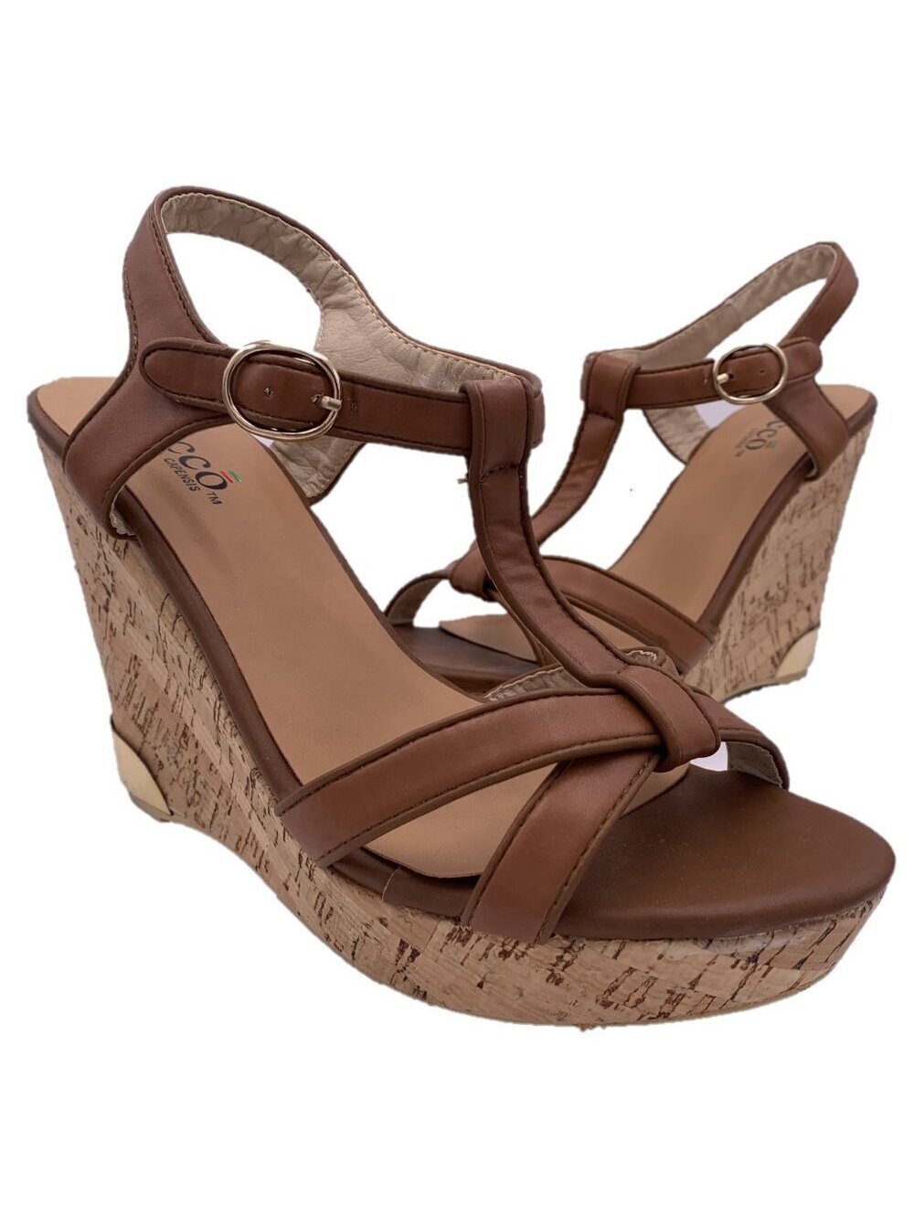 Bucco Tan Strappy Sandal 4" Wedges Size 8.5 NEW